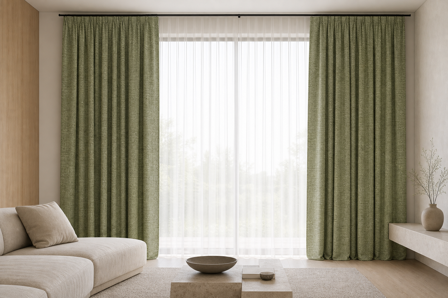 Chenille-Plain-Green Drapery with White Sheer