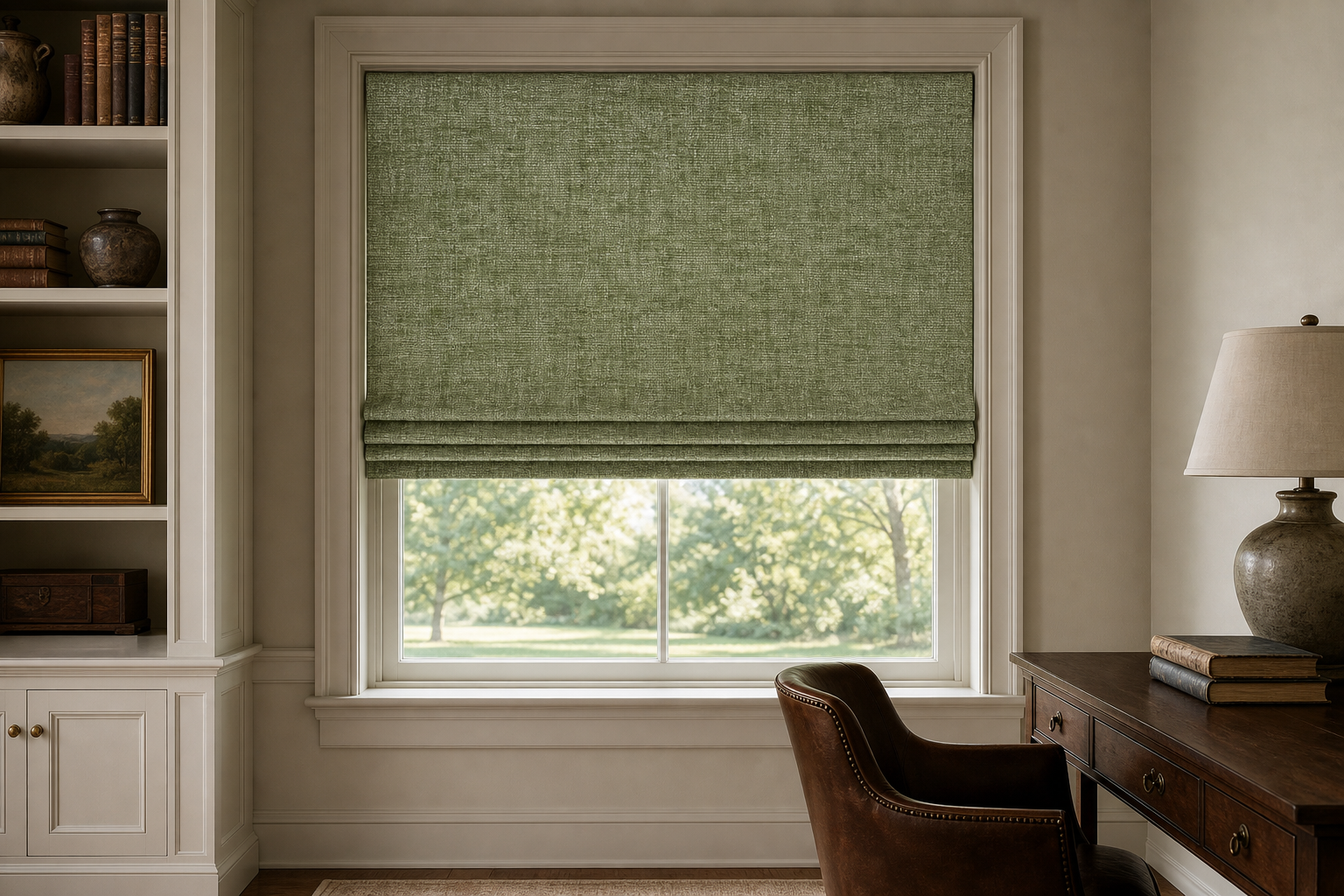 Chenille-Plain-Green Roman Shade