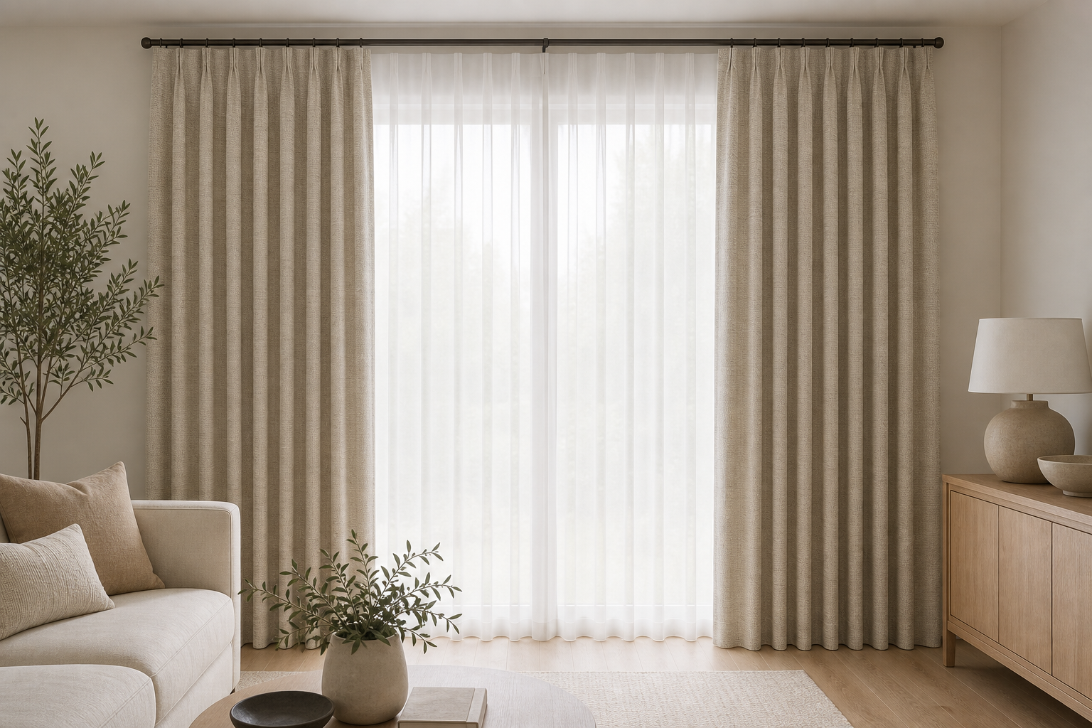 Forest-Echo-Beige Drapery with White Sheer