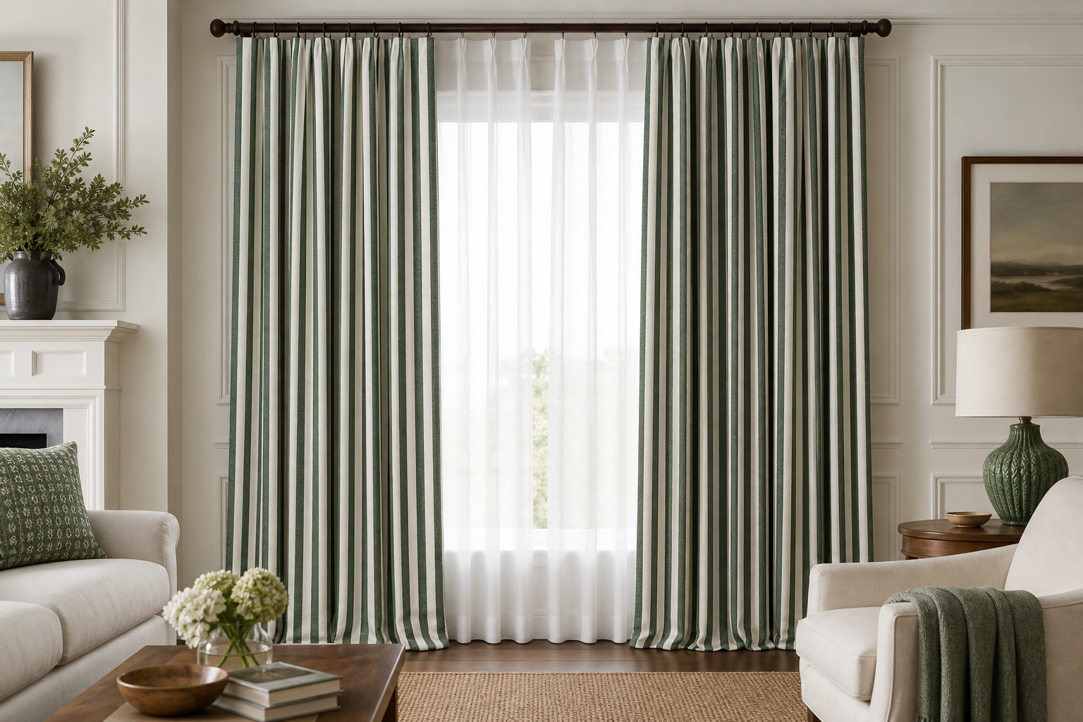 Forest-Stripe-Green Drapery with White Sheer