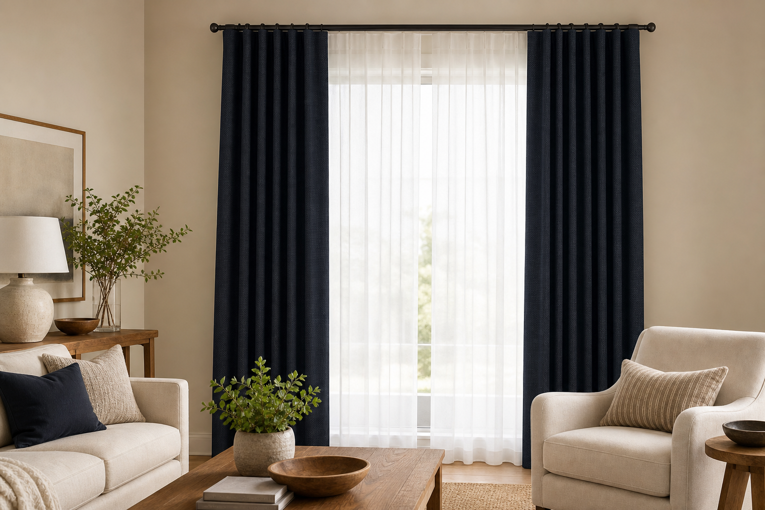 Heavyweight-Textured-Knit-Rock Drapery with White Sheer