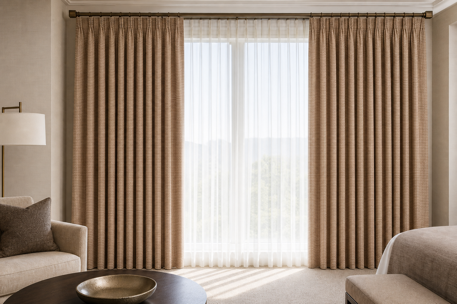 Linen-Basket---Coffee Drapery with White Sheer