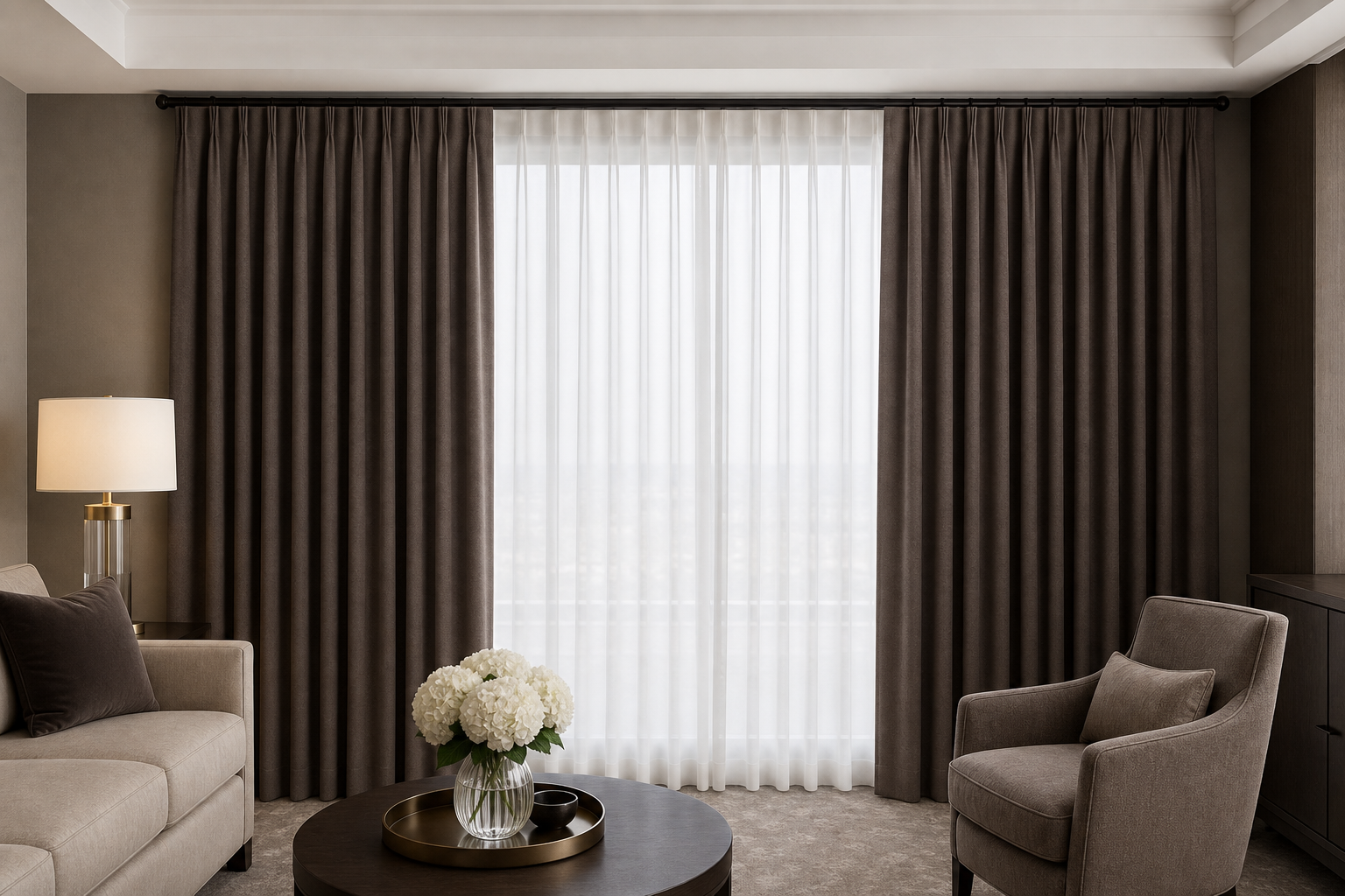 Luxury-Latte Drapery with White Sheer