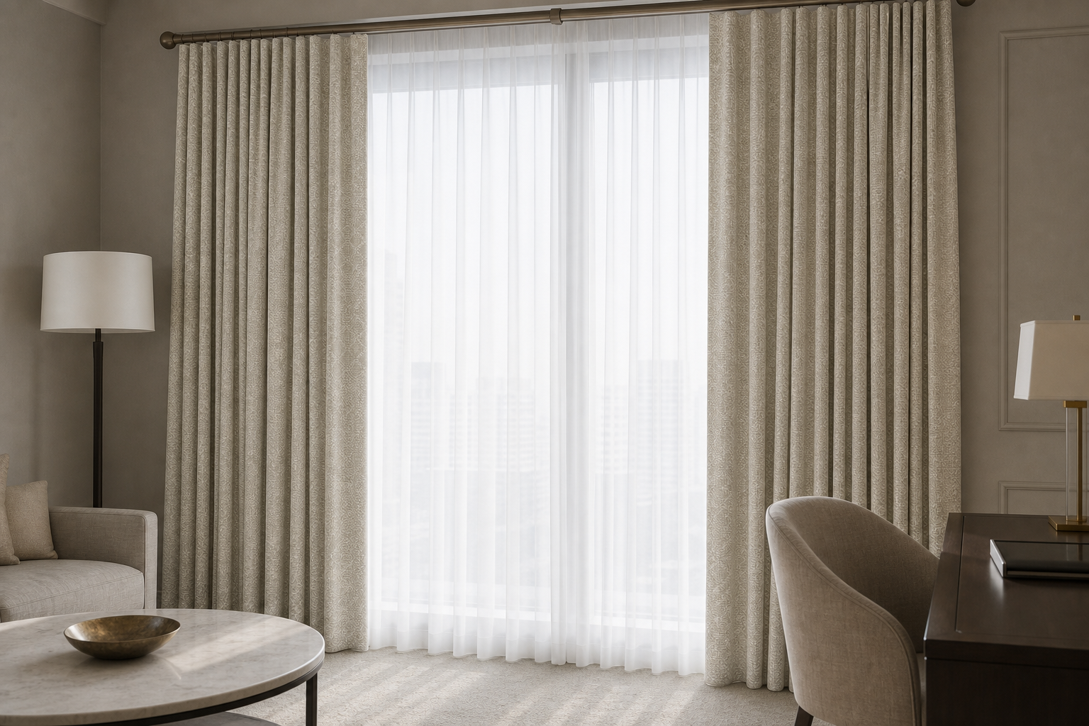 Plaid-Swing-Beige Drapery with White Sheer