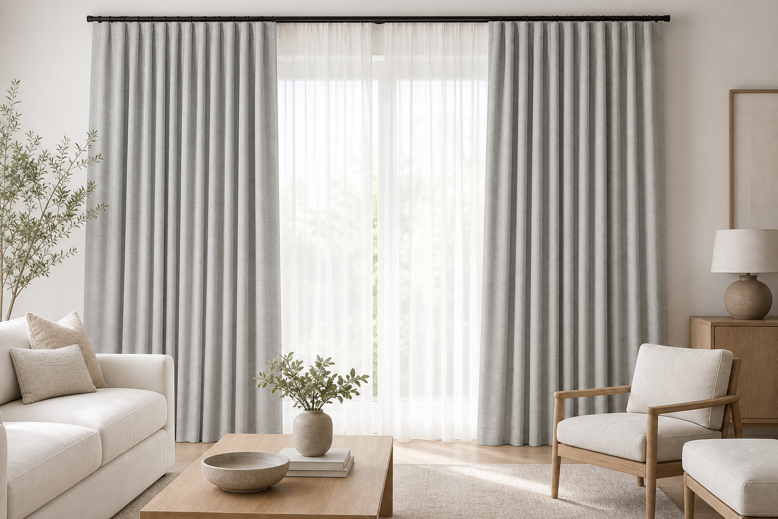 Refine-Linen-Blend-Mist Drapery with White Sheer