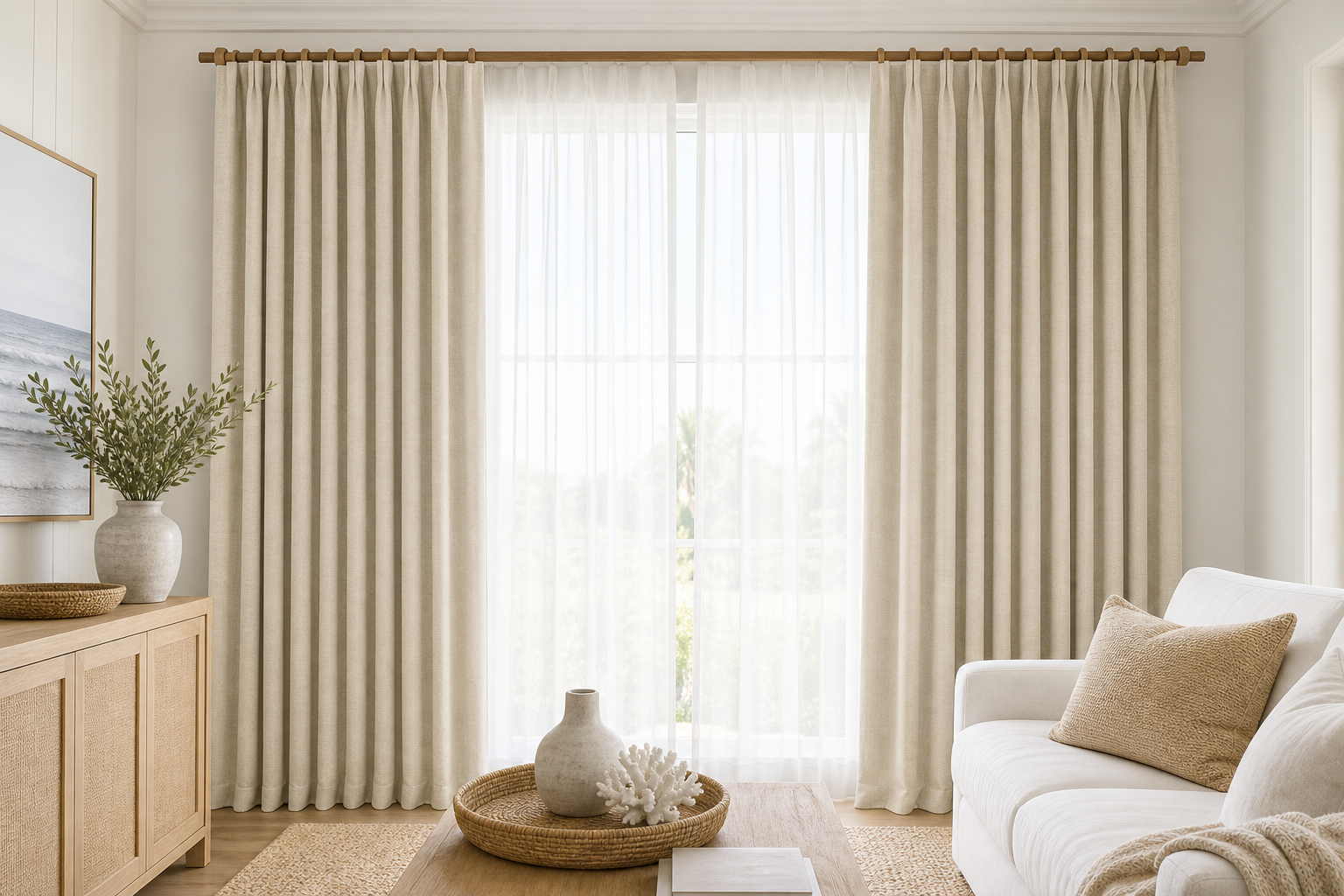 Refine-Linen-Blend-Pearl Drapery with White Sheer