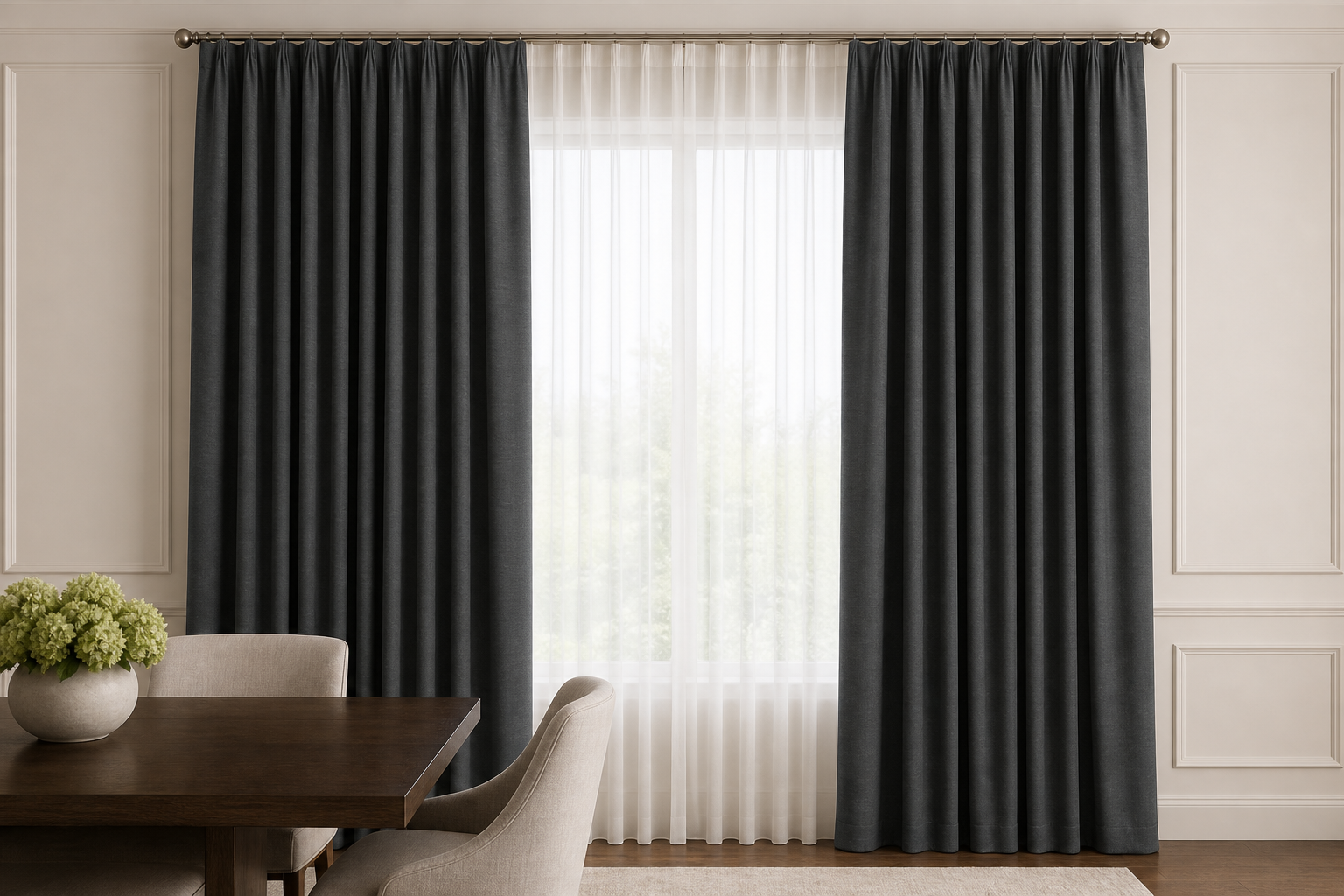 Silk-Luster-Graphite Drapery with White Sheer