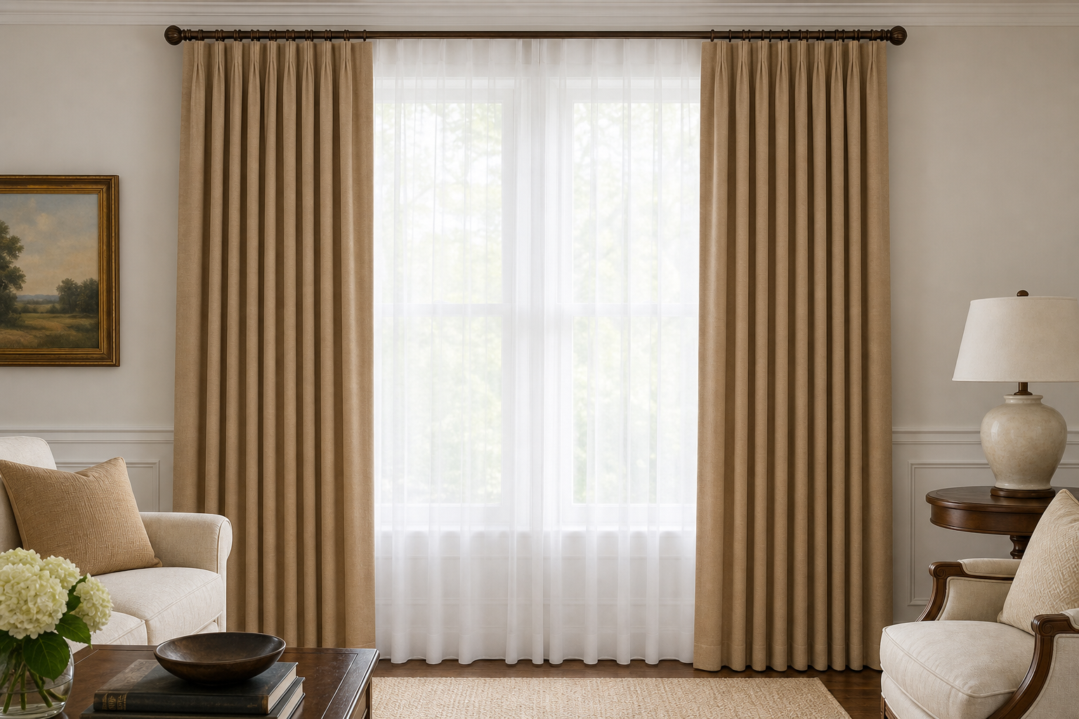 Silk-Luster-Tan Drapery with White Sheer