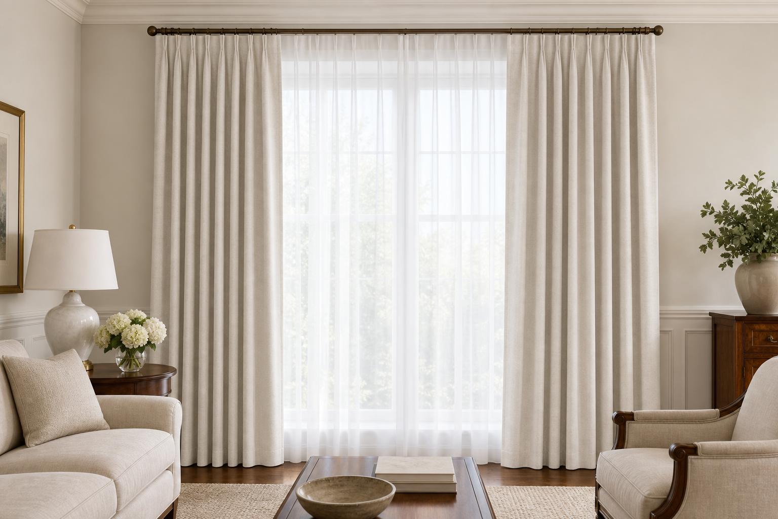 Silk-Luster-White Drapery with White Sheer
