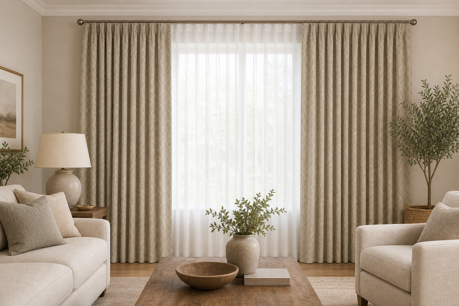 Willow-Tan Drapery with White Sheer