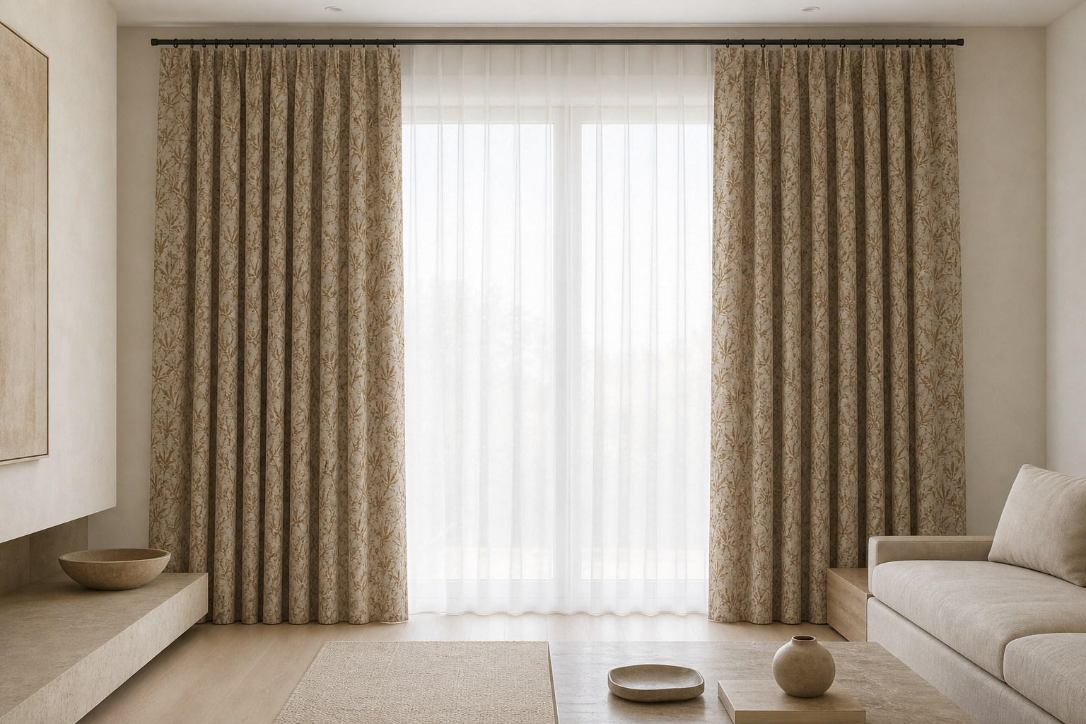 Bamboo-Brown Drapery with White Sheer