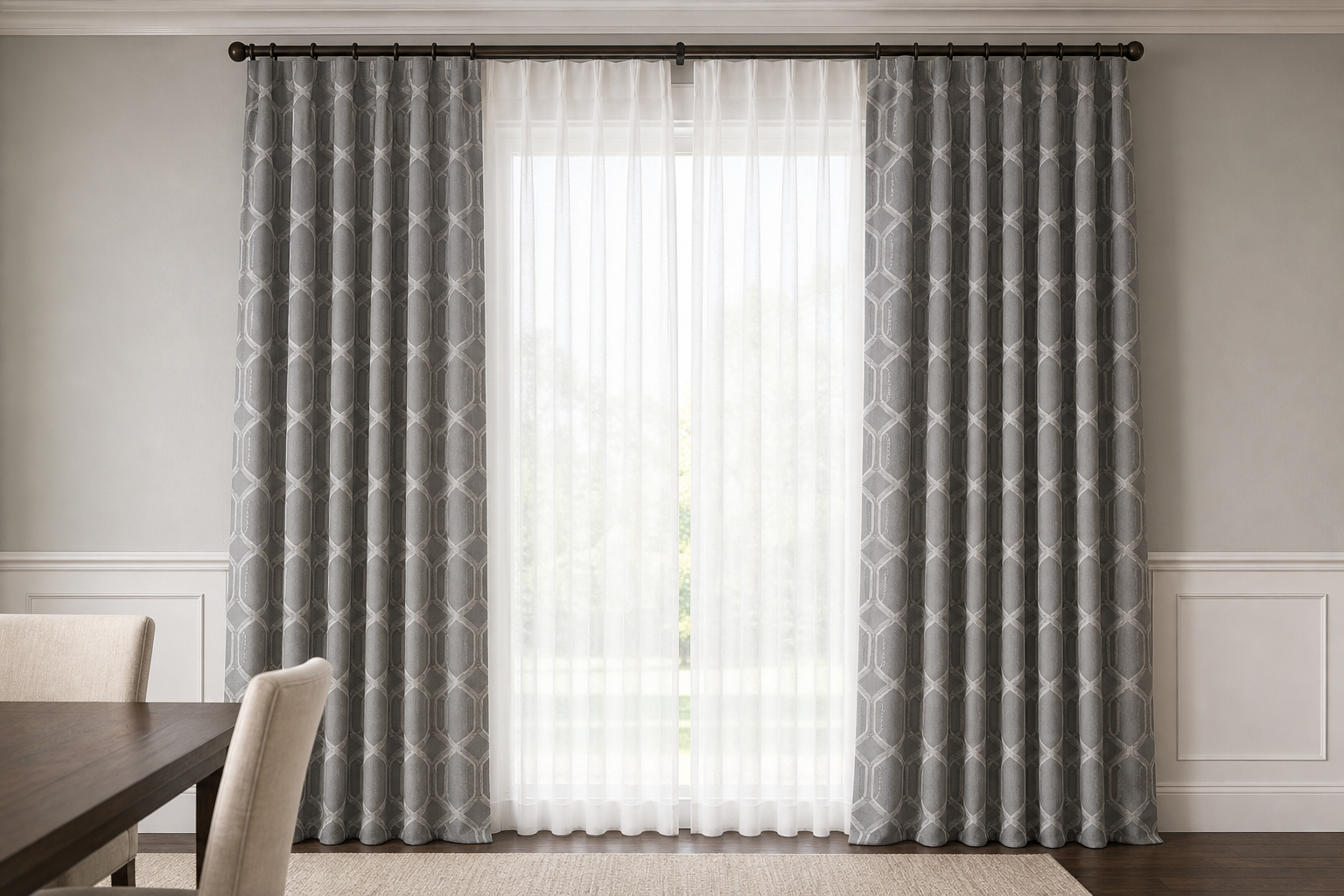 Crisscross-Gray Drapery with White Sheer