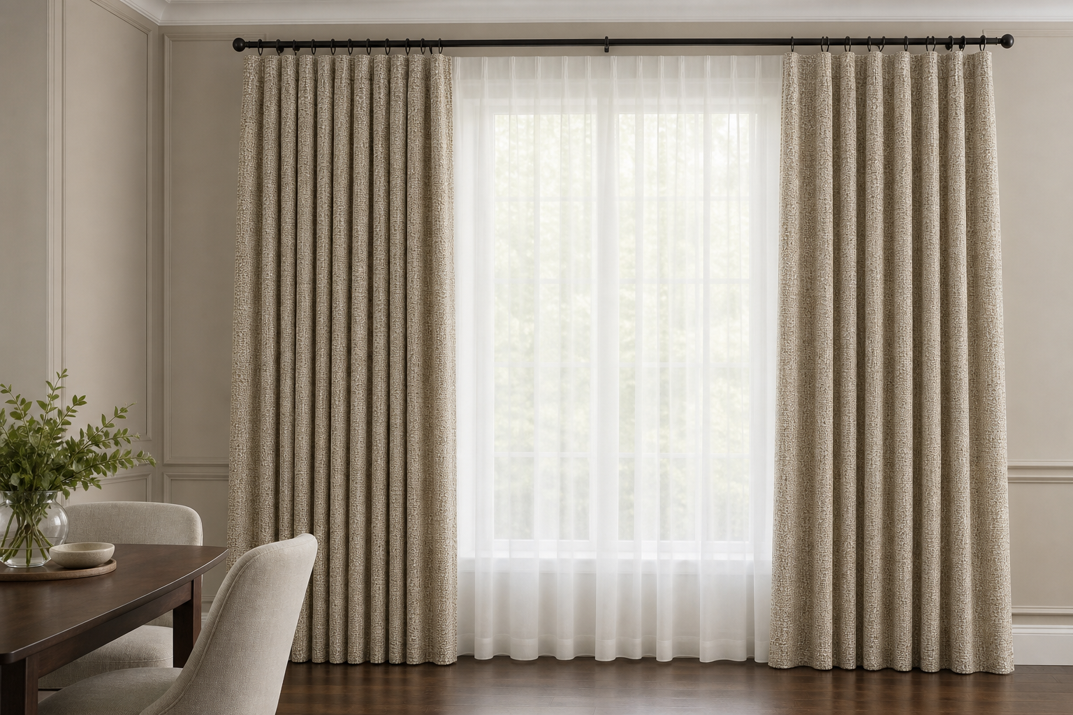 Jasmine-Flourish---Tan Drapery with White Sheer
