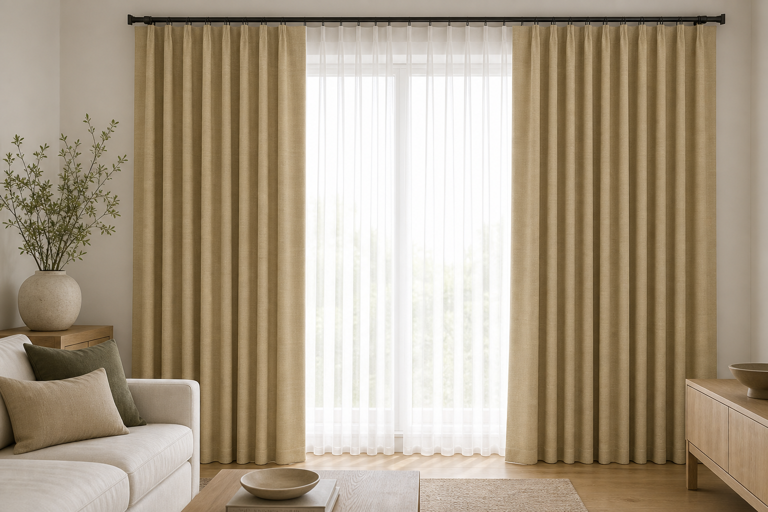 Luxury-Beige Drapery with White Sheer