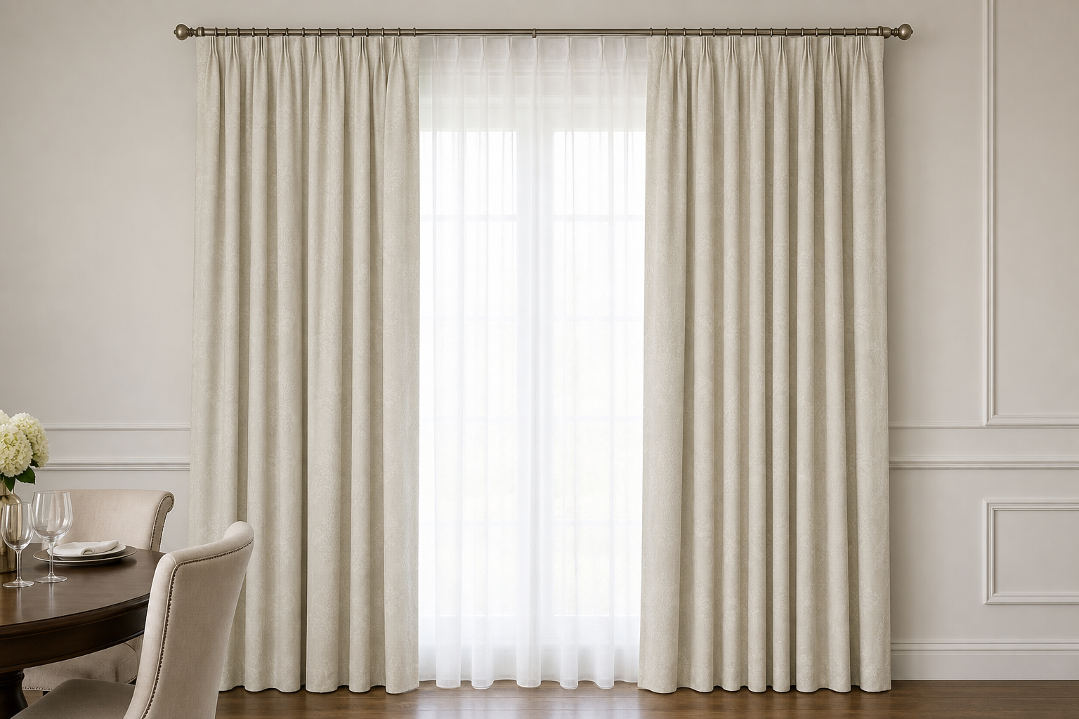 Peony-Cream Drapery with White Sheer