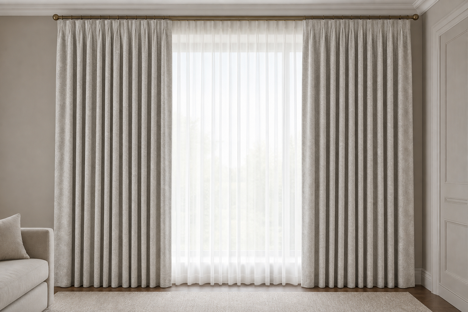 Pine-Taupe Drapery with White Sheer