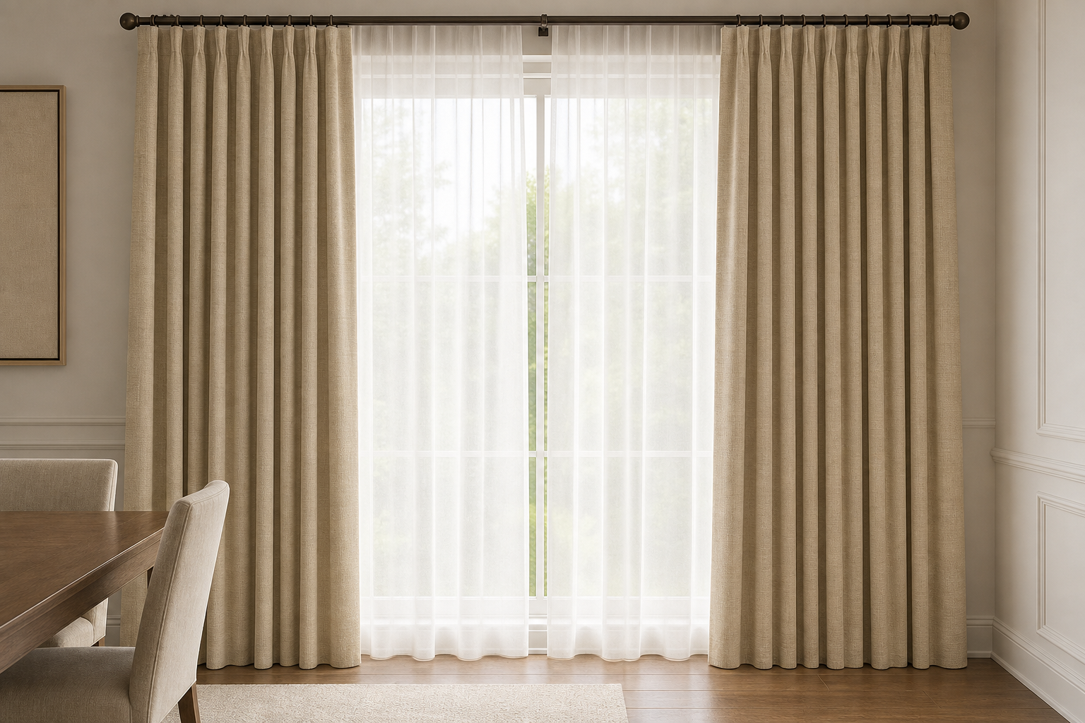Refine-Linen-Blend-Tan Drapery with White Sheer