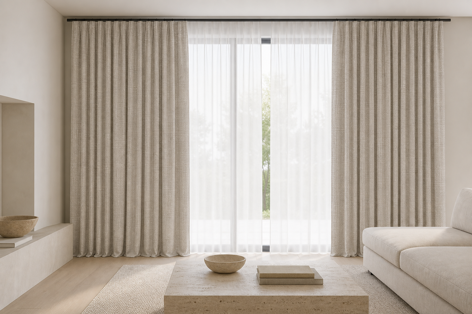 Salice---Oatmeal Drapery with White Sheer
