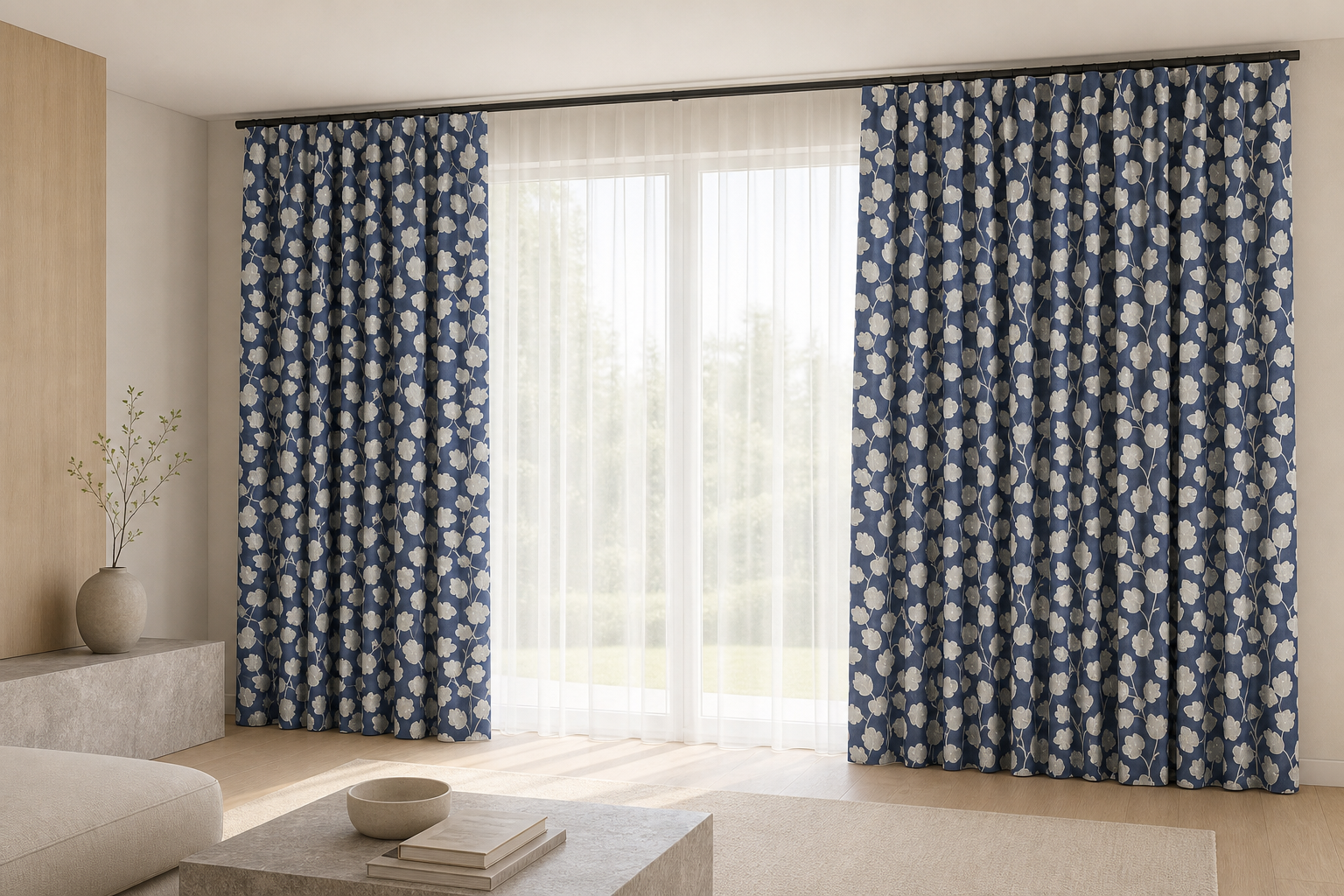 Tulip-Marine Drapery with White Sheer