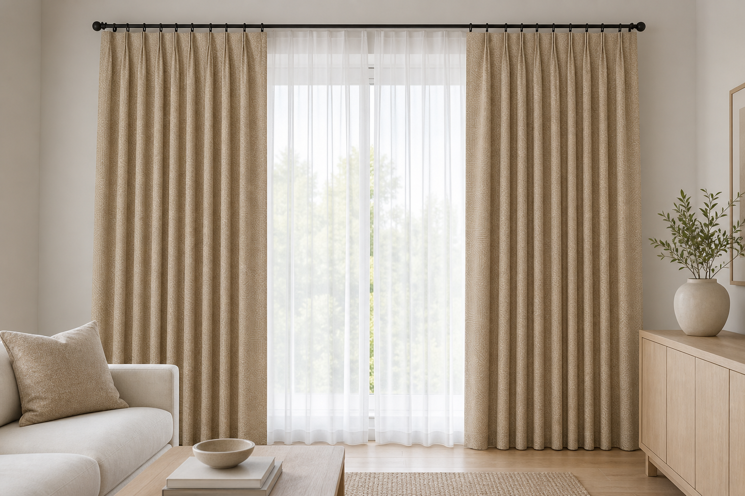 Tunnel-Tan Drapery with White Sheer